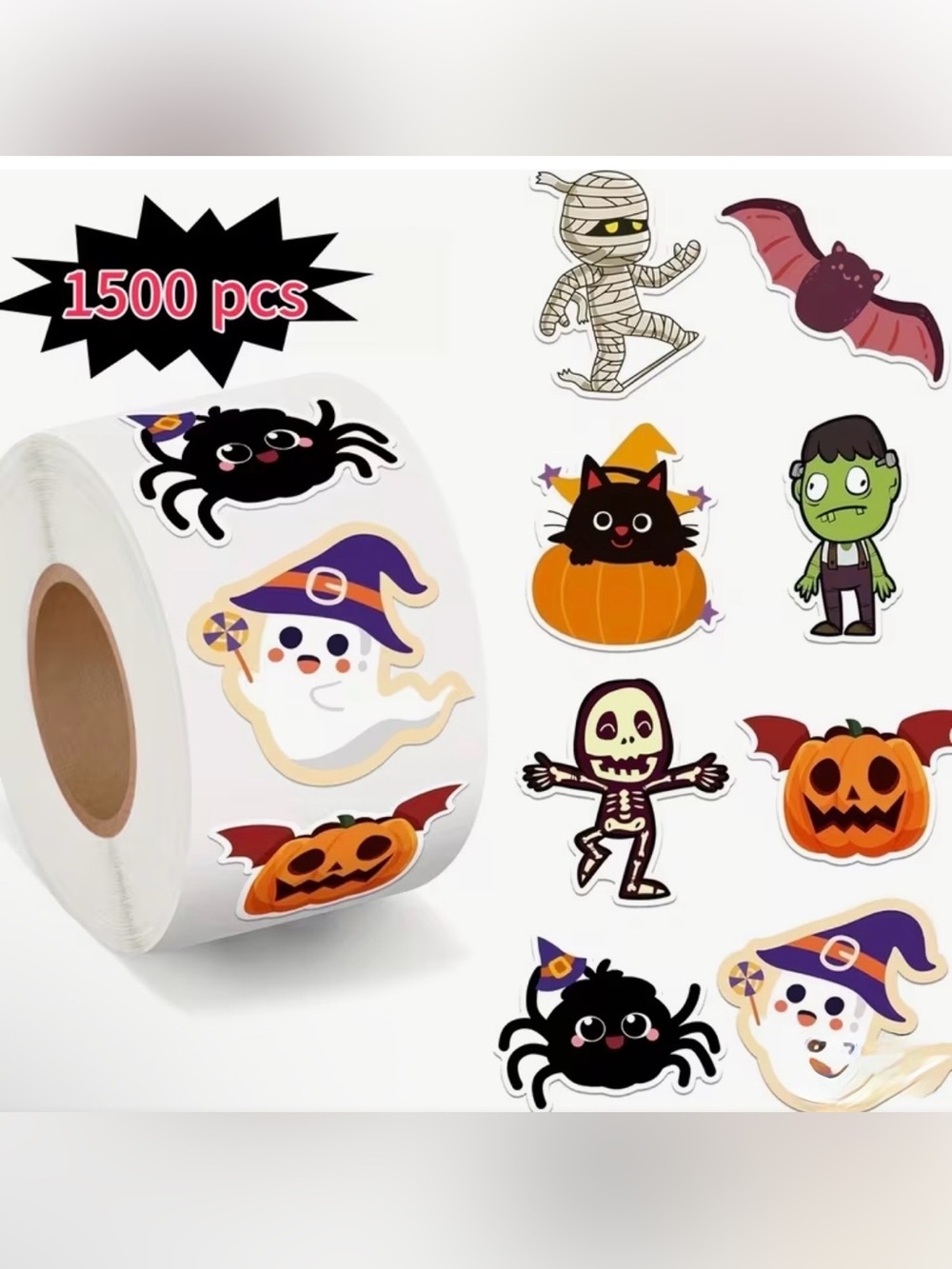 Halloween Party Sticker Roll - Cute Ghost, Pumpkin, Cat & Spider Set of 1500